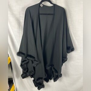 Accessory Street Genuine Rabbit Fur Trimmed Wool Blend Shawl Poncho Scarf